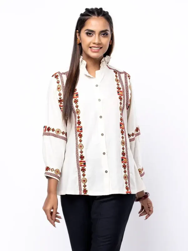 Ivory Embroidered Cotton Taaga Top