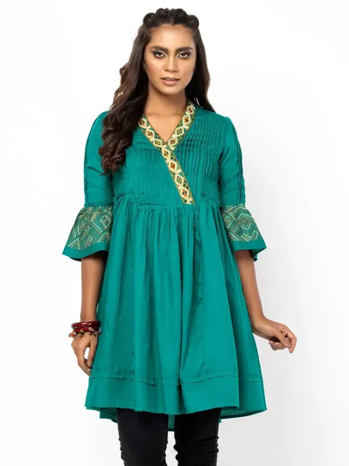 Teal Green Embroidered Textured Viscose Taaga Top