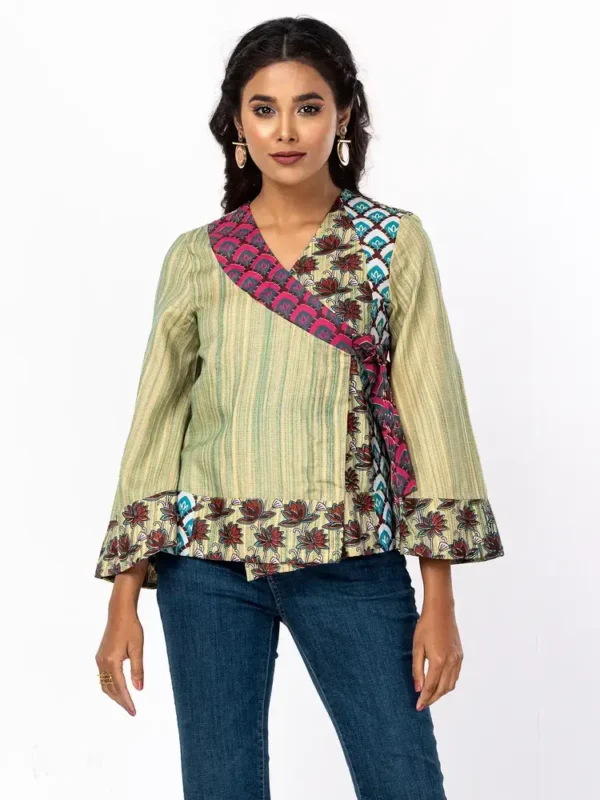 Green and Brown Printed and Brush Painted Viscose-Cotton Taaga Top